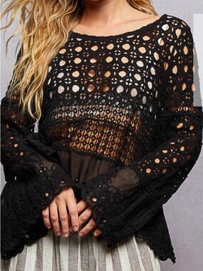 POL Black Crochet Sheer Long Sleeve Top